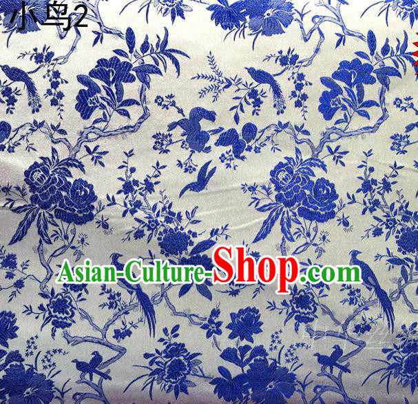 Asian Chinese Traditional Embroidery Magpie Plum Blossom Satin White Silk Fabric, Top Grade Brocade Tang Suit Hanfu Full Dress Fabric Cheongsam Cloth Material