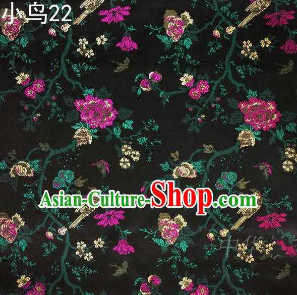 Asian Chinese Traditional Embroidery Magpie Peony Satin Black Silk Fabric, Top Grade Brocade Tang Suit Hanfu Full Dress Fabric Cheongsam Cloth Material