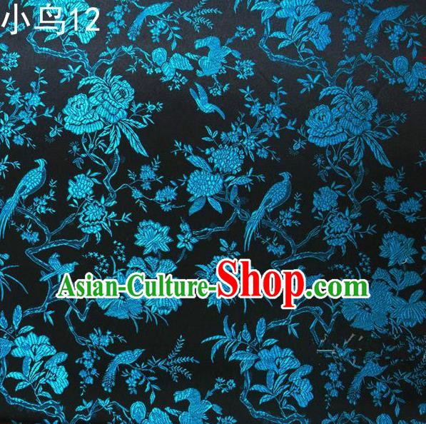 Asian Chinese Traditional Embroidery Magpie Peony Satin Navy Silk Fabric, Top Grade Brocade Tang Suit Hanfu Full Dress Fabric Cheongsam Cloth Material