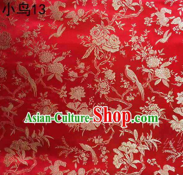 Asian Chinese Traditional Embroidery Golden Magpie Peony Satin Red Silk Fabric, Top Grade Brocade Tang Suit Hanfu Full Dress Fabric Cheongsam Cloth Material