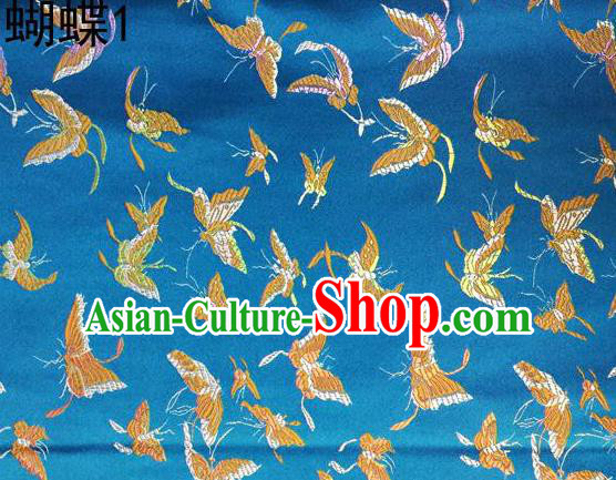 Asian Chinese Traditional Embroidery Colorful Butterflies Blue Satin Silk Fabric, Top Grade Brocade Tang Suit Hanfu Fabric Cheongsam Cloth Material