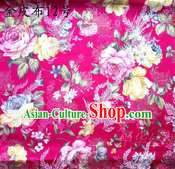 Asian Chinese Traditional Embroidery Peony Rosy Satin Silk Fabric, Top Grade Brocade Tang Suit Hanfu Fabric Cheongsam Cloth Material