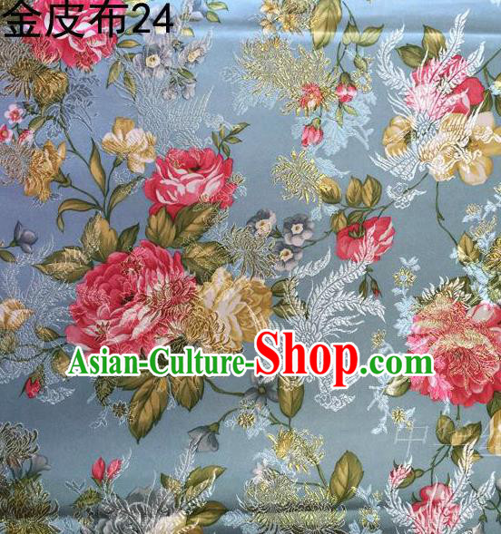 Asian Chinese Traditional Embroidery Peony Grey Blue Satin Silk Fabric, Top Grade Brocade Tang Suit Hanfu Fabric Cheongsam Cloth Material