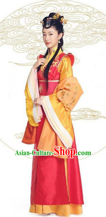 Asian Chinese Northern and Southern Dynasty Imperial Consort Costume and Headpiece Complete Set, China Ancient Elegant Hanfu Clothing Palace Lady Embroidered Dress