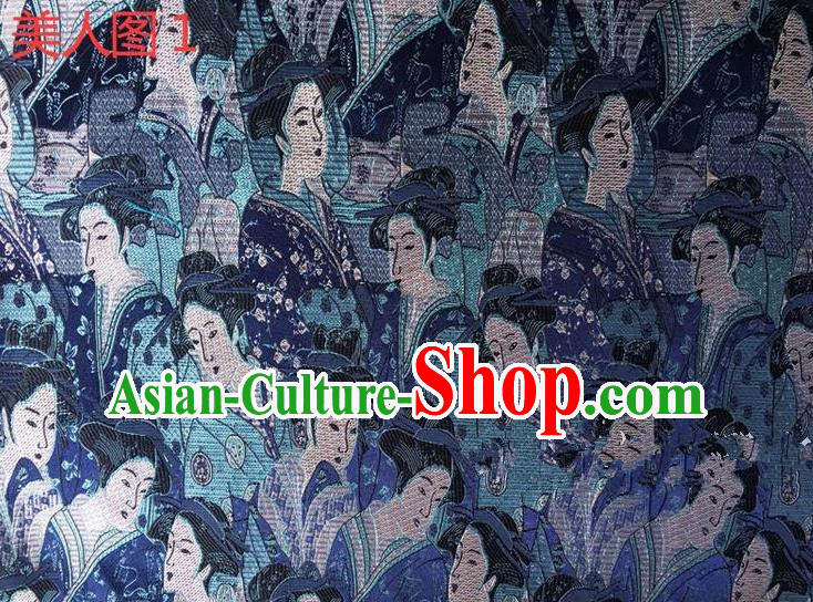 Asian Chinese Traditional Handmade Printing Portrait of a Lady Silk Fabric, Top Grade Nanjing Brocade Tang Suit Hanfu Blue Fabric Cheongsam Cloth Material