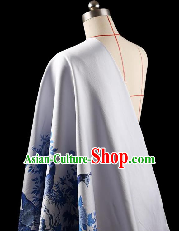 Asian Chinese Traditional Handmade Jacquard Weave Printing Peacock Silk Fabric, Top Grade Nanjing Brocade Tang Suit Hanfu White Fabric Cheongsam Cloth Material