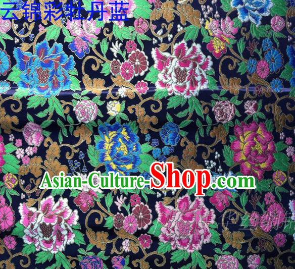 Asian Chinese Traditional Handmade Embroidery Peony Satin Silk Fabric, Top Grade Nanjing Brocade Tang Suit Hanfu Navy Fabric Cheongsam Cloth Material