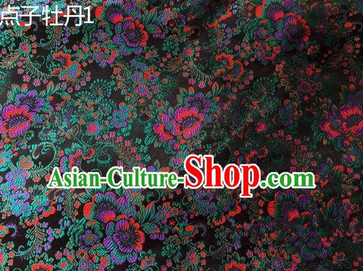 Asian Chinese Traditional Handmade Embroidery Peony Flowers Satin Silk Fabric, Top Grade Nanjing Brocade Tang Suit Hanfu Navy Fabric Cheongsam Cloth Material