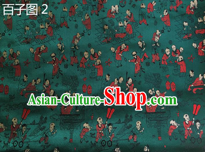 Asian Chinese Traditional Handmade Suzhou Embroidery Hundred Sons Diagram Satin Silk Fabric, Top Grade Hanfu Brocade Tang Suit Fabric Cheongsam Green Cloth Material