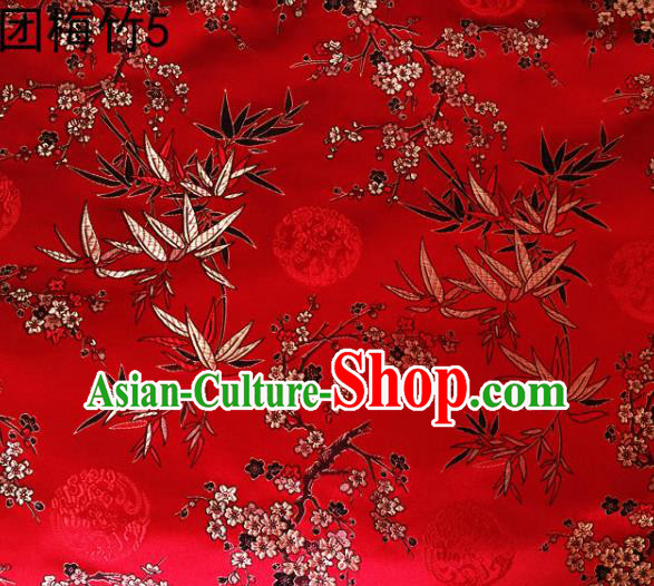 Asian Chinese Traditional Handmade Embroidery Plum and Bamboo Silk Fabric, Top Grade Nanjing Brocade Tang Suit Hanfu Red Fabric Cheongsam Cloth Material