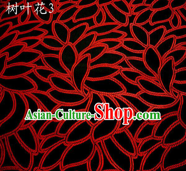 Asian Chinese Traditional Handmade Embroidery Leaf Pattern Satin Wedding Silk Fabric, Top Grade Nanjing Brocade Tang Suit Hanfu Fabric Cheongsam Black Cloth Material
