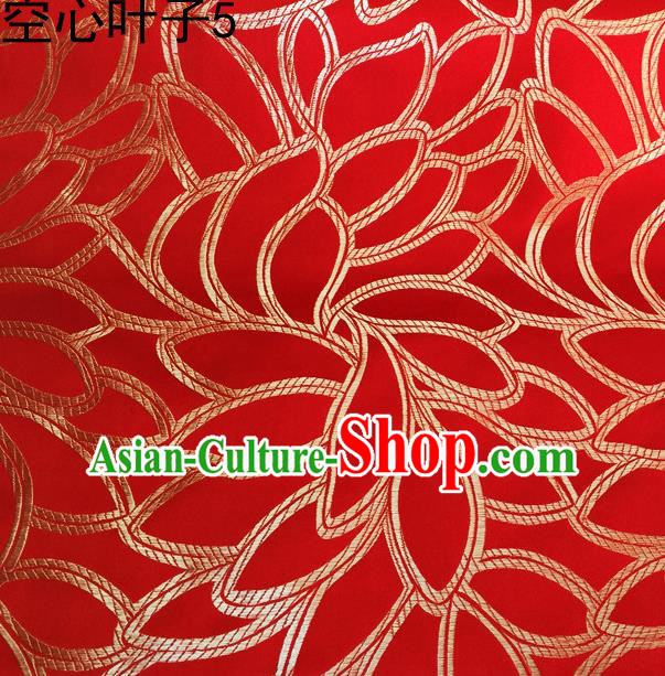 Asian Chinese Traditional Handmade Embroidery Golden Leaf Pattern Satin Wedding Silk Fabric, Top Grade Nanjing Brocade Tang Suit Hanfu Fabric Cheongsam Red Cloth Material