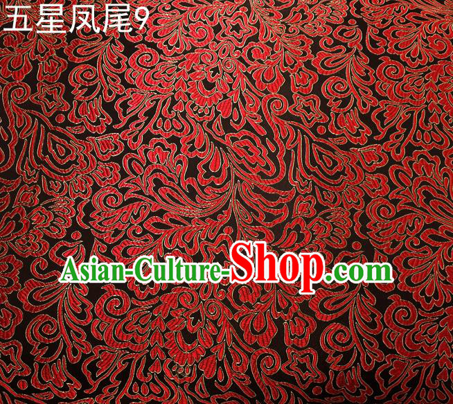 Asian Chinese Traditional Handmade Embroidery Red Five-star Ombre Flowers Satin Silk Fabric, Top Grade Nanjing Brocade Tang Suit Hanfu Fabric Cheongsam Black Cloth Material