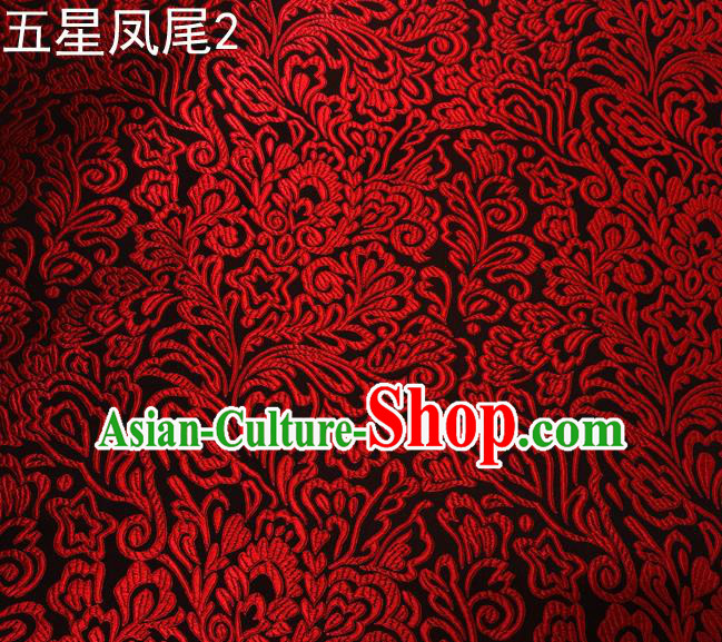 Asian Chinese Traditional Handmade Embroidery Red Five-star Ombre Flowers Satin Black Silk Fabric, Top Grade Nanjing Brocade Tang Suit Hanfu Fabric Cheongsam Cloth Material