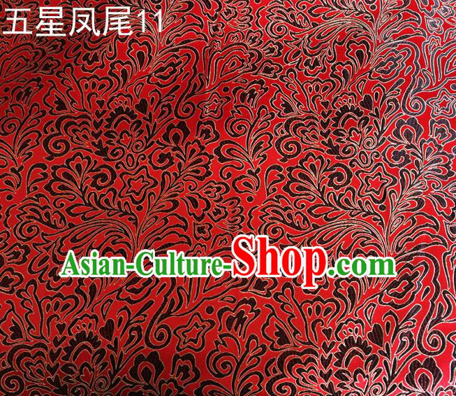 Asian Chinese Traditional Handmade Embroidery Black Five-star Ombre Flowers Satin Red Silk Fabric, Top Grade Nanjing Brocade Tang Suit Hanfu Fabric Cheongsam Cloth Material