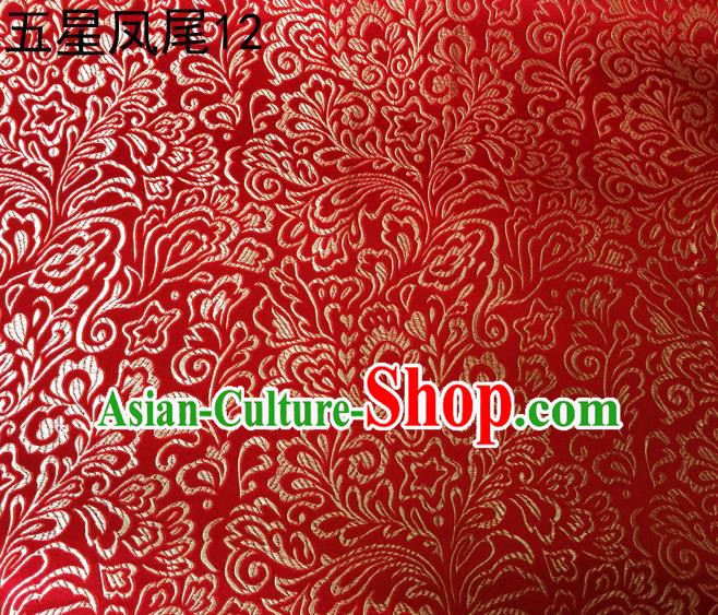 Asian Chinese Traditional Handmade Embroidery Golden Five-star Ombre Flowers Satin Red Silk Fabric, Top Grade Nanjing Brocade Tang Suit Hanfu Fabric Cheongsam Cloth Material