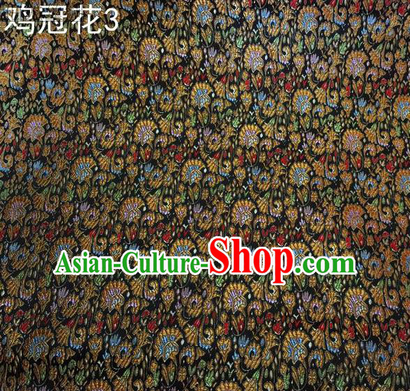 Asian Chinese Traditional Handmade Embroidery Cockscomb Flowers Satin Thangka Black Silk Fabric, Top Grade Nanjing Brocade Tang Suit Hanfu Fabric Cheongsam Cloth Material