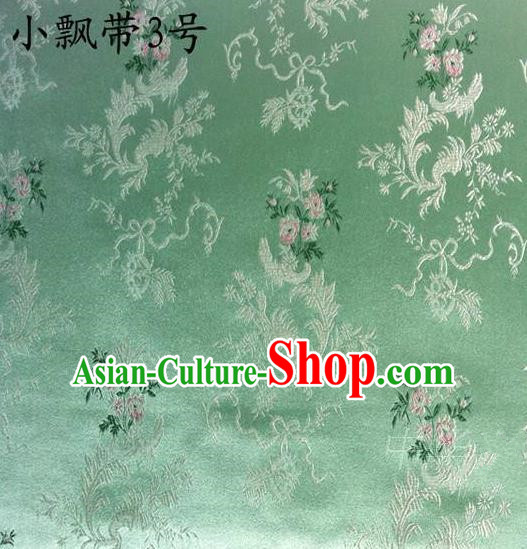 Traditional Asian Chinese Handmade Embroidery Flowers Ribbons Satin Green Silk Fabric, Top Grade Nanjing Brocade Tang Suit Hanfu Clothing Fabric Cheongsam Cloth Material