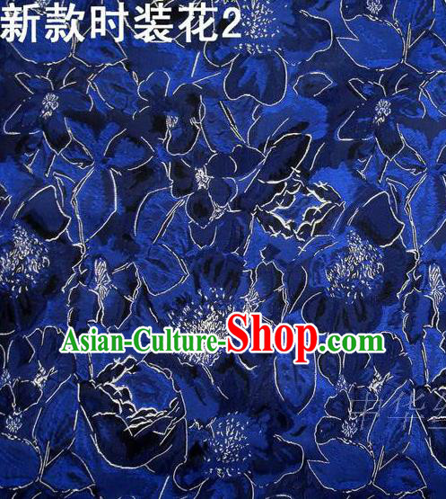 Traditional Asian Chinese Handmade Printing Flowers Satin Royalblue Silk Fabric, Top Grade Nanjing Brocade Tang Suit Hanfu Clothing Fabric Cheongsam Cloth Material