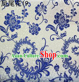 Traditional Asian Chinese Handmade Embroidery Blue Ombre Peony Flowers Satin White Silk Fabric, Top Grade Nanjing Brocade Tang Suit Hanfu Clothing Fabric Cheongsam Cloth Material