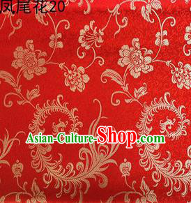 Traditional Asian Chinese Handmade Embroidery Golden Ombre Peony Flowers Satin Red Silk Fabric, Top Grade Nanjing Brocade Tang Suit Hanfu Clothing Fabric Cheongsam Cloth Material