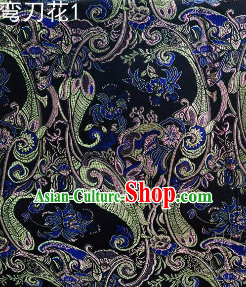 Asian Chinese Traditional Handmade Printing Machetes Flowers Satin Thangka Navy Silk Fabric, Top Grade Nanjing Brocade Tang Suit Hanfu Fabric Cheongsam Cloth Material