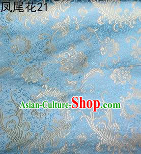 Traditional Asian Chinese Handmade Embroidery Golden Ombre Peony Flowers Satin Blue Silk Fabric, Top Grade Nanjing Brocade Tang Suit Hanfu Clothing Fabric Cheongsam Cloth Material