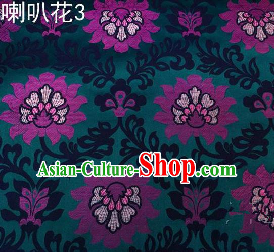 Traditional Asian Chinese Handmade Embroidery Petunia Flowers Satin Deep Green Silk Fabric, Top Grade Nanjing Brocade Tang Suit Hanfu Clothing Fabric Cheongsam Cloth Material