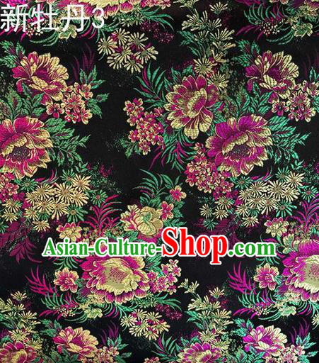 Traditional Asian Chinese Handmade Embroidery Red Peony Flowers Satin Black Silk Fabric, Top Grade Nanjing Brocade Ancient Costume Tang Suit Hanfu Clothing Fabric Cheongsam Cloth Material