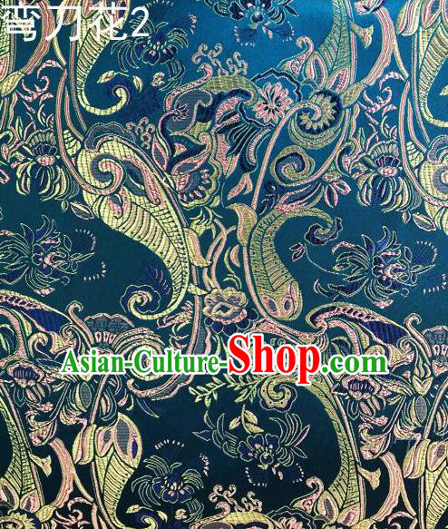 Asian Chinese Traditional Handmade Printing Machetes Flowers Satin Thangka Blue Silk Fabric, Top Grade Nanjing Brocade Tang Suit Hanfu Fabric Cheongsam Cloth Material