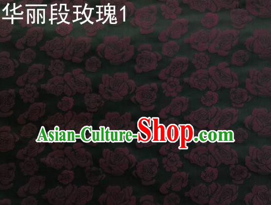 Traditional Asian Chinese Handmade Embroidery Roses Satin Black Silk Fabric, Top Grade Nanjing Brocade Ancient Costume Tang Suit Hanfu Clothing Fabric Cheongsam Cloth Material