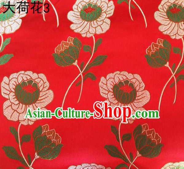 Traditional Asian Chinese Handmade Embroidery Lotus Satin Red Silk Fabric, Top Grade Nanjing Brocade Tang Suit Hanfu Clothing Fabric Cheongsam Cloth Material