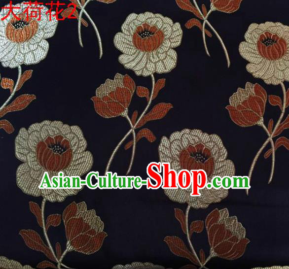 Traditional Asian Chinese Handmade Embroidery Brown Lotus Satin Silk Fabric, Top Grade Nanjing Brocade Tang Suit Hanfu Clothing Fabric Cheongsam Cloth Material