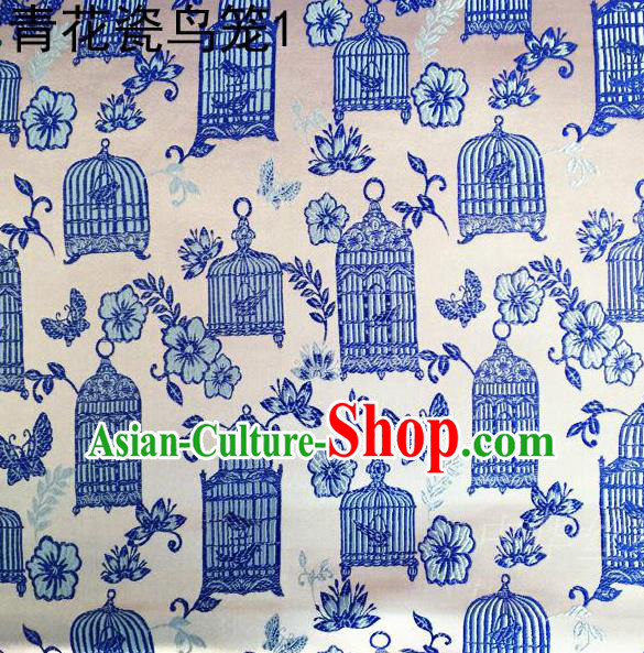 Traditional Asian Chinese Handmade Embroidery Blue Birdcage Satin White Silk Fabric, Top Grade Nanjing Brocade Tang Suit Hanfu Clothing Fabric Cheongsam Cloth Material