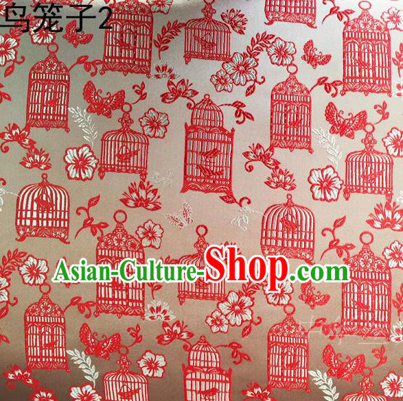 Traditional Asian Chinese Handmade Embroidery Red Birdcage Satin Silk Fabric, Top Grade Nanjing Brocade Tang Suit Hanfu Clothing Fabric Cheongsam Cloth Material