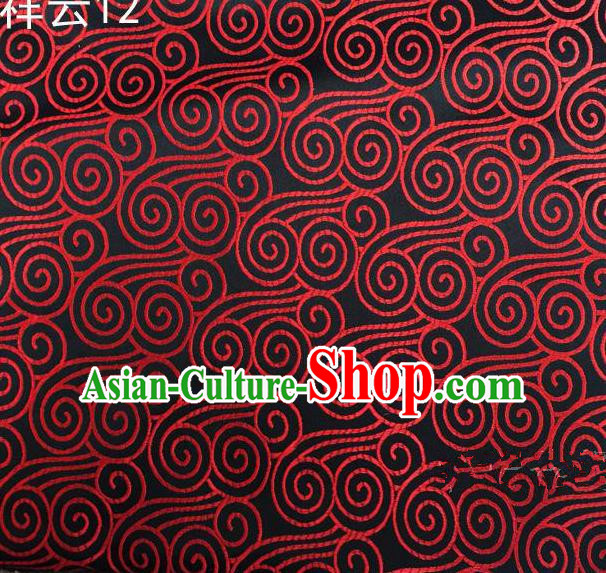 Traditional Asian Chinese Handmade Embroidery Red Auspicious Clouds Satin Black Silk Fabric, Top Grade Nanjing Brocade Tang Suit Hanfu Clothing Fabric Cheongsam Cloth Material