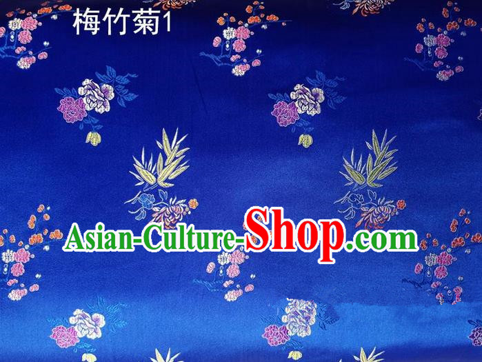 Traditional Asian Chinese Handmade Embroidery Bamboo Chrysanthemum Satin Tang Suit Blue Silk Fabric, Top Grade Nanjing Brocade Ancient Costume Hanfu Clothing Fabric Cheongsam Cloth Material