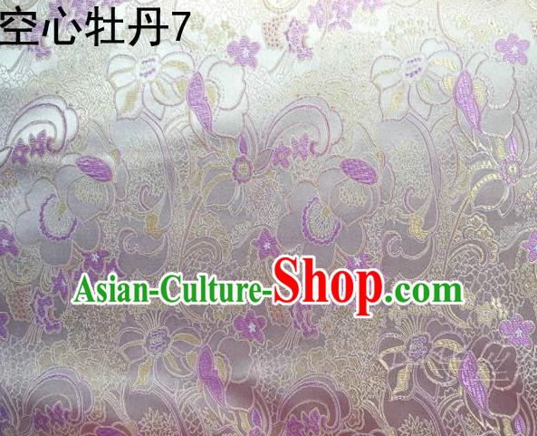 Traditional Asian Chinese Handmade Embroidery Peony Flowers Satin Tang Suit White Silk Fabric, Top Grade Nanjing Brocade Ancient Costume Hanfu Clothing Fabric Cheongsam Cloth Material