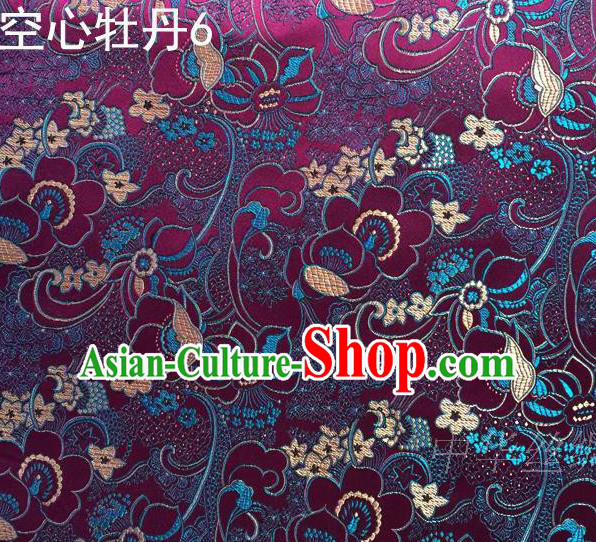 Traditional Asian Chinese Handmade Embroidery Peony Flowers Satin Tang Suit Deep Purple Silk Fabric, Top Grade Nanjing Brocade Ancient Costume Hanfu Clothing Fabric Cheongsam Cloth Material