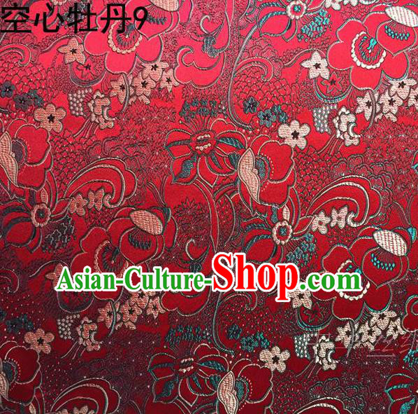 Traditional Asian Chinese Handmade Embroidery Peony Flowers Satin Tang Suit Red Silk Fabric, Top Grade Nanjing Brocade Ancient Costume Hanfu Clothing Fabric Cheongsam Cloth Material