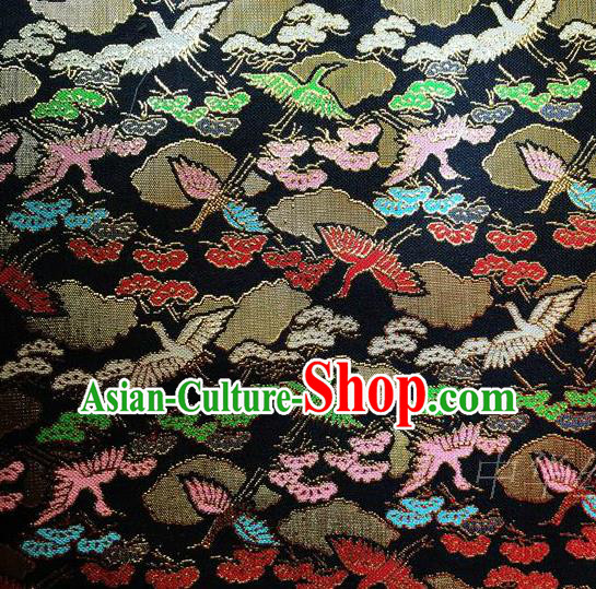 Traditional Asian Chinese Handmade Embroidery Cranes Satin Tang Suit Black Fabric, Nanjing Brocade Ancient Costume Hanfu Kimono Cheongsam Cloth Material