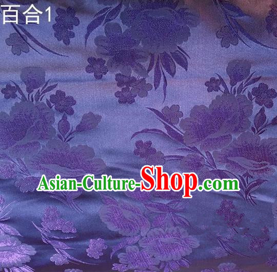 Traditional Asian Chinese Handmade Embroidery Greenish Lily Flower Satin Tang Suit Lilac Fabric, Nanjing Brocade Ancient Costume Hanfu Cheongsam Cloth Material