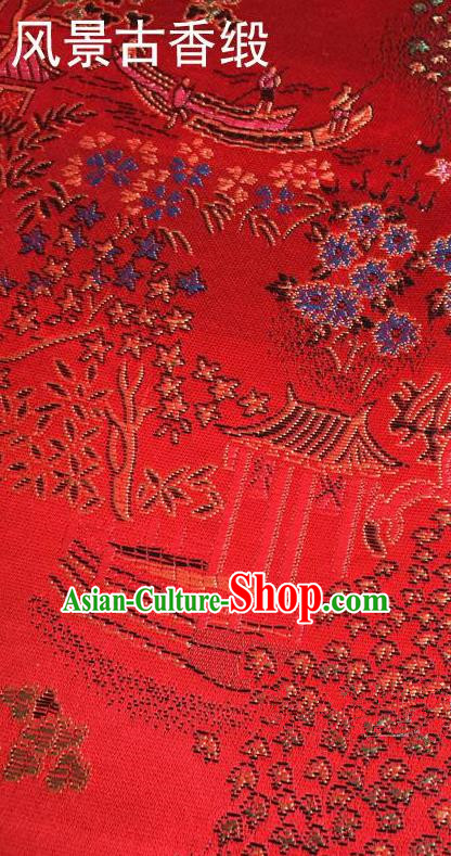 Traditional Asian Chinese Handmade Embroidery Scenery Silk Satin Tang Suit Red Fabric, Nanjing Brocade Ancient Costume Hanfu Cheongsam Cloth Material