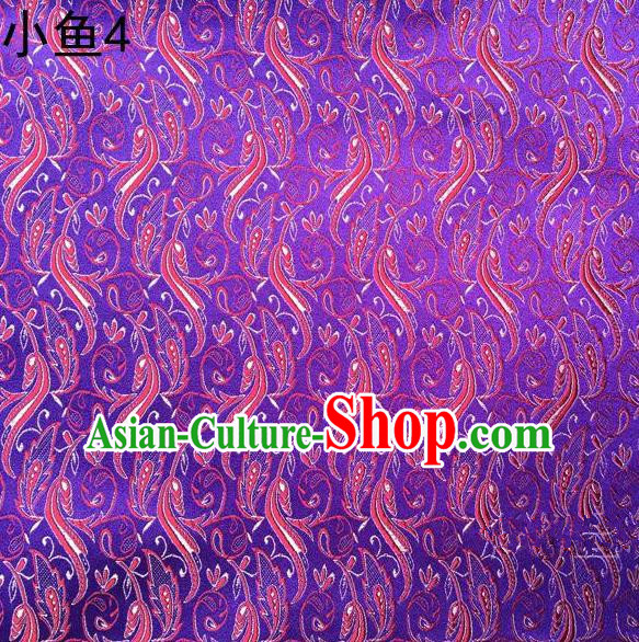 Traditional Asian Chinese Handmade Jacquard Weave Red Fish Pattern Satin Tang Suit Purple Silk Fabric, Top Grade Nanjing Brocade Ancient Costume Hanfu Clothing Fabric Cheongsam Cloth Material