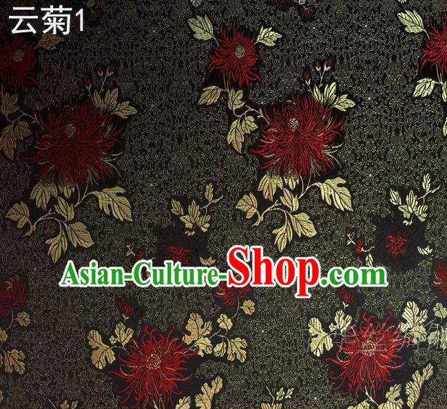 Traditional Asian Chinese Handmade Jacquard Weave Embroidery Red Chrysanthemum Satin Tang Suit Black Silk Fabric, Top Grade Nanjing Brocade Ancient Costume Hanfu Clothing Fabric Cheongsam Cloth Material