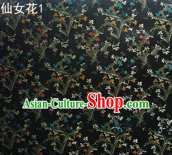 Traditional Asian Chinese Handmade Embroidery Spreading Flowers Satin Tang Suit Black Silk Fabric, Top Grade Nanjing Brocade Ancient Costume Hanfu Clothing Cheongsam Cloth Material