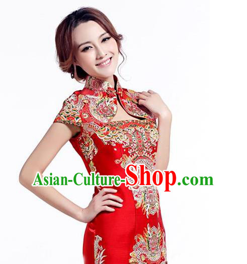 Traditional Asian Chinese Handmade Embroidery Dragons Satin Xiuhe Suit Red Silk Fabric, Top Grade Nanjing Brocade Ancient Wedding Costume Hanfu Clothing Cheongsam Cloth Material