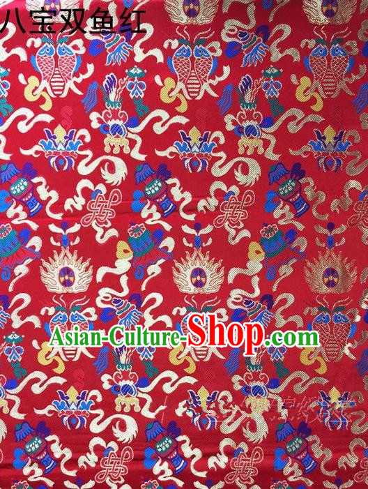 Traditional Asian Chinese Handmade Embroidery Hylotelephium Fishes Satin Xiuhe Suit Red Silk Fabric, Top Grade Nanjing Brocade Ancient Costume Hanfu Clothing Cheongsam Cloth Material