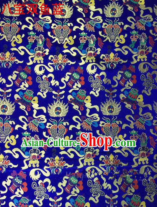 Traditional Asian Chinese Handmade Embroidery Hylotelephium Fishes Satin Xiuhe Suit Royalblue Silk Fabric, Top Grade Nanjing Brocade Ancient Costume Hanfu Clothing Cheongsam Cloth Material