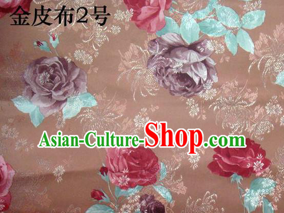 Traditional Asian Chinese Handmade Printing Gold Wire Roses Satin Wedding Tang Suit Brown Silk Fabric, Top Grade Nanjing Brocade Ancient Costume Hanfu Tibetan Clothing Cheongsam Cloth Material